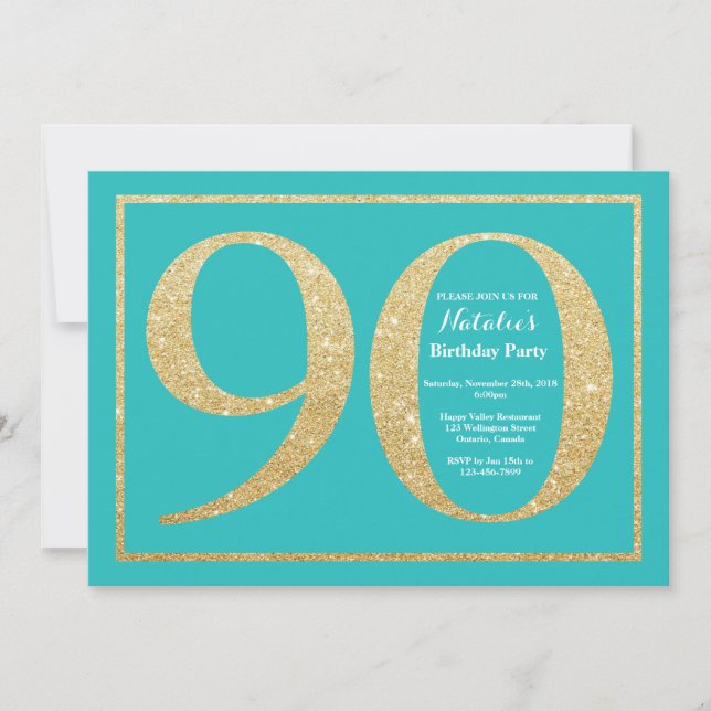 90th Birthday Invitation Teal and Gold Glitter (Front)