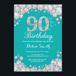 90th Birthday Invitation Teal and Silver Diamond<br><div class="desc">90th Birthday Invitation. Teal and Silver Rhinestone Diamond Teal Turquoise Aqua Background. Elegant Birthday Bash invite. Adult Birthday. Women Birthday. Men Birthday. For further customisation,  please click the "Customise it" button and use our design tool to modify this template.</div>