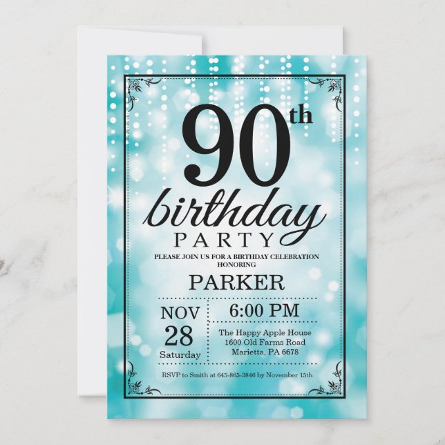 90th Birthday Invitation Teal Glitter (Front)