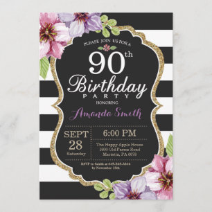 90th Birthday Invitation Women. Floral Gold Black