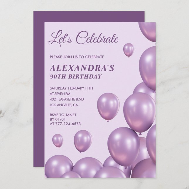 90th birthday invitations Balloons Chic Purple (Front/Back)