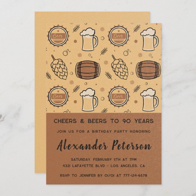 90th birthday invitations Beer Rustic Men  (Front/Back)