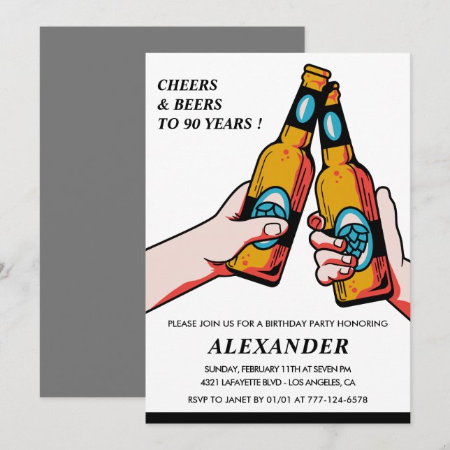 90th birthday invitations Cheers and Beers Men (Front/Back)
