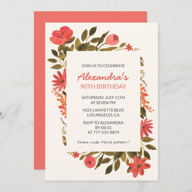 90th birthday invitations Floral Boho Elegant (Front/Back)