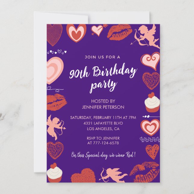 90th birthday invitations Modern Cute Hearts (Front)