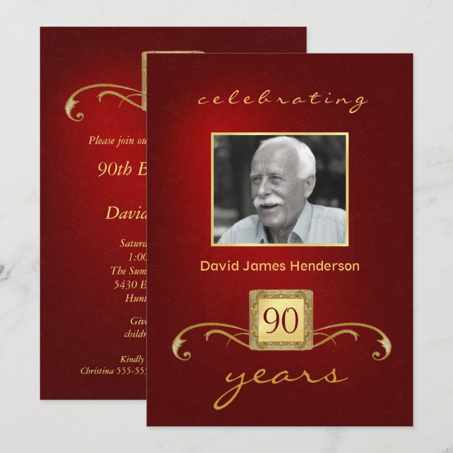 90th Birthday Invitations - Monogram Red & Gold (Front/Back)
