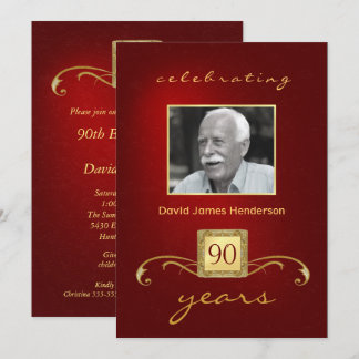 90th Birthday Invitations - Monogram Red & Gold