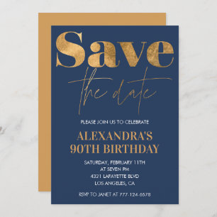 90th birthday invitations Save the date Gold Navy