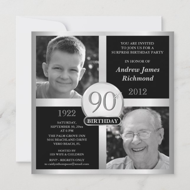 90th Birthday Invitations Then & Now 2 Photos (Front)