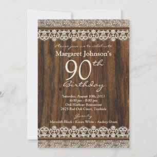 90th Birthday Invite Vintage Rustic Wood Lace