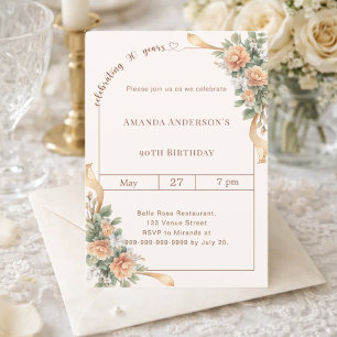 90th birthday ivory cream florals ribbon invitation