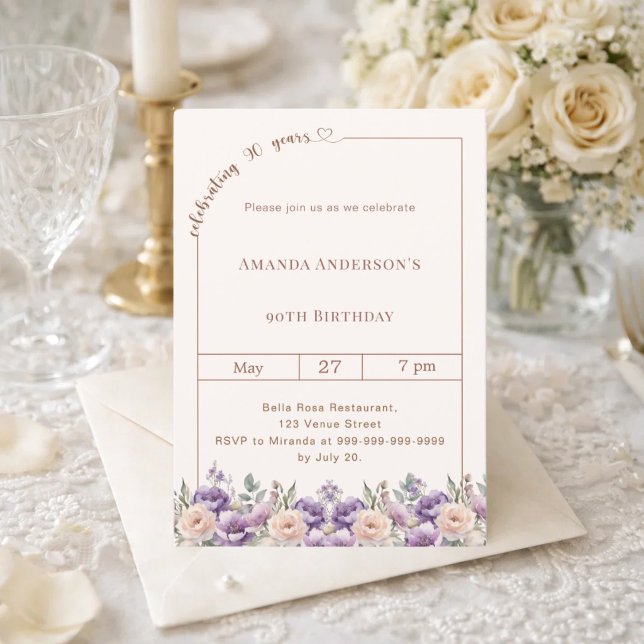 90th birthday ivory lavender florals  invitation (Creator Uploaded)