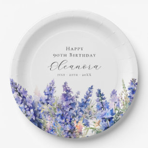 90th Birthday July Birth Flower Larkspur Custom Paper Plate