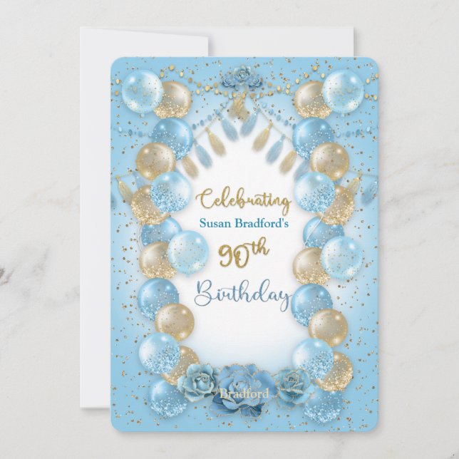 90th Birthday Ladies Blue Gold Balloons Design Invitation (Front)