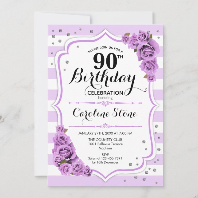 90th Birthday -  Lavender White Purple Flowers Invitation (Front)