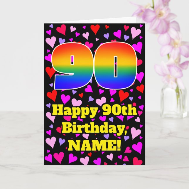 90th Birthday: Loving Hearts Pattern, Rainbow # 90 Card (Orchid)
