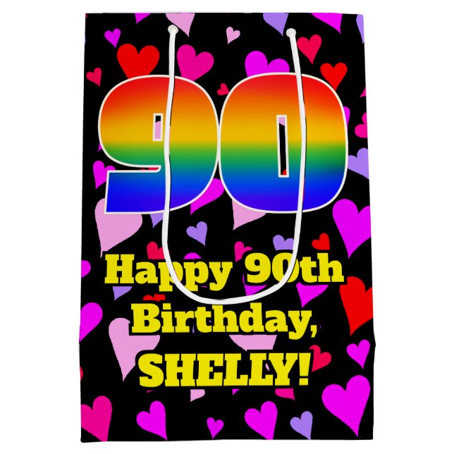 90th Birthday: Loving Hearts Pattern, Rainbow # 90 Medium Gift Bag (Back)