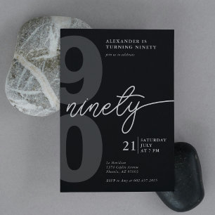 90th Birthday Modern Minimalist Black Grey  Invitation
