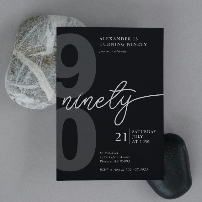 90th Birthday Modern Minimalist Black Grey  Invitation (Creator Uploaded)