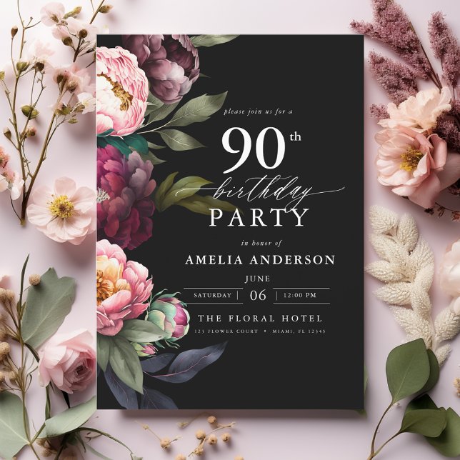 90th Birthday Modern Moody Burgundy Blush Floral Invitation (Creator Uploaded)