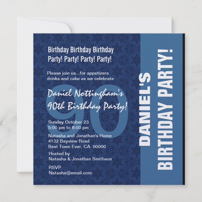 90th Birthday Modern Pattern in Hues of Blue W333 Invitation (Front)