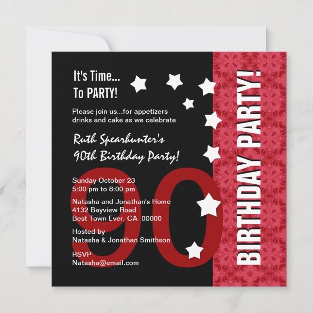 90th Birthday Modern Red and Black Funny D90A Invitation (Front)