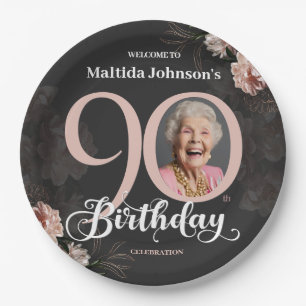 90th Birthday Moody Floral Pink Custom Photo Paper Plate