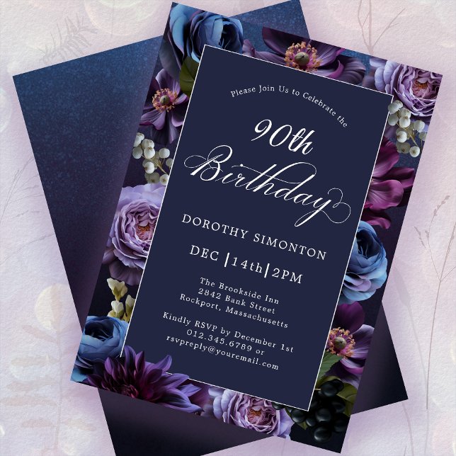 90th Birthday Moody Purple Flower Invitation (Creator Uploaded)