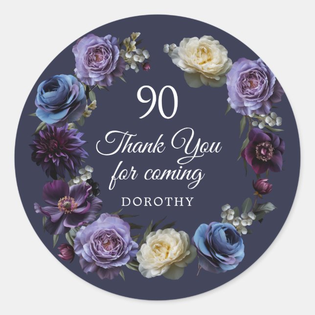 90th Birthday Moody Purple Flower Thank You Favour Classic Round Sticker (Front)