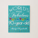 90th Birthday Most Fabulous Colourful Gem Jigsaw Puzzle<br><div class="desc">Celebrate the milestone birthday of your favourite senior citizen with this fun gift reminding them of how fabulous they are. White and grey lettering on deep turquoise background. Colourful diamond-cut gems in rainbow tones serve as accent. Customise with names, initials or other text. This series is in increments of 5...</div>