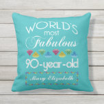 90th Birthday Most Fabulous Colourful Gem Outdoor Cushion<br><div class="desc">Celebrate the milestone birthday of your favourite senior citizen with this fun gift reminding them of how fabulous they are. White and grey lettering on deep turquoise background. Colourful diamond-cut gems in rainbow tones serve as accent. Customise with names, initials or other text. This series is in increments of 5...</div>
