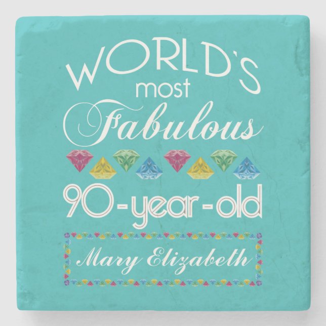 90th Birthday Most Fabulous Colourful Gem Stone Coaster (Front)