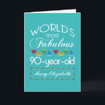 90th Birthday Most Fabulous Colourful Gem Turquois Card<br><div class="desc">Celebrate the milestone birthday of your favourite senior citizen with this fun gift reminding them of how fabulous they are. White and grey lettering on deep turquoise background. Colourful diamond-cut gems in rainbow tones serve as accent. Customise with names, initials or other text. This series is in increments of 5...</div>