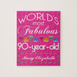 90th Birthday Most Fabulous Colourful Gems Pink Jigsaw Puzzle<br><div class="desc">Celebrate the milestone birthday of your favourite senior citizen with this fun gift reminding them of how fabulous they are. White and grey lettering on deep pink background. Colourful diamond-cut gems in rainbow tones serve as accent. Customise with names, initials or other text. This series is in increments of 5...</div>