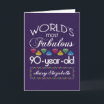 90th Birthday Most Fabulous Colourful Gems Purple Card<br><div class="desc">Celebrate the milestone birthday of your favourite senior citizen with this fun gift reminding them of how fabulous they are. White and grey lettering on deep purple background. Colourful diamonds in rainbow tones serve as accent. Customise with names, initials or other text. This series is in increments of 5 years...</div>