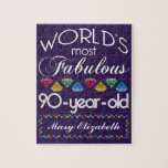 90th Birthday Most Fabulous Colourful Gems Purple Jigsaw Puzzle<br><div class="desc">Celebrate the milestone birthday of your favourite senior citizen with this fun gift reminding them of how fabulous they are. White and grey lettering on deep purple background. Colourful diamonds in rainbow tones serve as accent. Customise with names, initials or other text. This series is in increments of 5 years...</div>