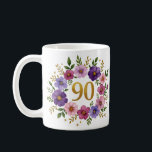 90th Birthday Mug – Floral Wreath with Gold Number<br><div class="desc">Celebrate 90 beautiful years with this elegant floral birthday mug! Featuring a stunning watercolor wreath of pink and violet flowers, lush green leaves, and a golden "90" at the centre, this mug makes a perfect gift for any grandmother, mother, aunt, or friend turning 90. Delicate yet vibrant, it’s ideal for...</div>