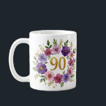 90th Birthday Mug – Floral Wreath with Gold Number<br><div class="desc">Celebrate 90 beautiful years with this elegant floral birthday mug! Featuring a stunning watercolor wreath of pink and violet flowers, lush green leaves, and a golden "90" at the centre, this mug makes a perfect gift for any grandmother, mother, aunt, or friend turning 90. Delicate yet vibrant, it’s ideal for...</div>