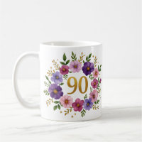 90th Birthday Mug – Floral Wreath with Gold Number