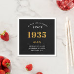 90th Birthday Name 1935 Black Gold Elegant Chic Napkin<br><div class="desc">Premium 90th Birthday Black and Gold Personalised Paper Napkins - Celebration Elegance. Celebrate a milestone birthday in style with our chic, premium-quality, birthday paper napkins. Exquisitely designed with a striking black and gold colour scheme, these napkins add a touch of luxury and sophistication to any birthday bash. Express your personal...</div>
