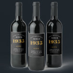 90th Birthday Name 1935 Black Gold Elegant Chic Wine Label<br><div class="desc">1935 Vintage 90th Birthday Black & Gold Elegant Wine Label. Celebrate your milestone with our exclusive birthday wine label. The meticulously designed label with stunning black and gold hues effortlessly enhances the visual appeal of your favourite wine. The year prominently featured on the label, adds a nostalgic throwback to the...</div>