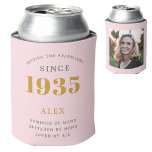 90th Birthday Name 1935 Chic Pink Grey Photo Can Cooler<br><div class="desc">A personalised elegant can cooler that is easy to customise for that special birthday party occasion.</div>