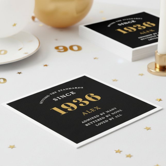 90th Birthday Name 1936 Black Gold Elegant Chic Napkin (1936 Paper napkin on white background)