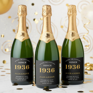 90th Birthday Name 1936 Black Gold Elegant Chic Sparkling Wine Label