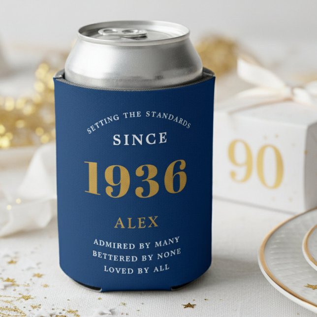 90th Birthday Name 1936 Blue Gold Elegant Chic Can Cooler (Blue 1936 can cooler with white background.)
