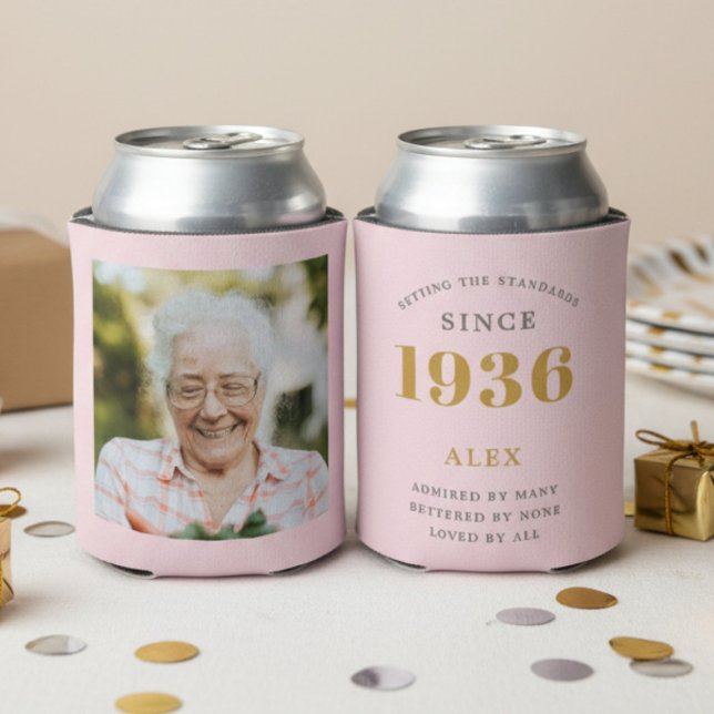 90th Birthday Name 1936 Chic Pink Grey Photo Can Cooler (90th birthday Pink can coolers on a table.)