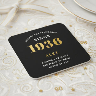 90th Birthday Name 1936 Year Black Gold Custom Square Paper Coaster