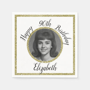 90th Birthday Napkins Custom Photo White and Gold 