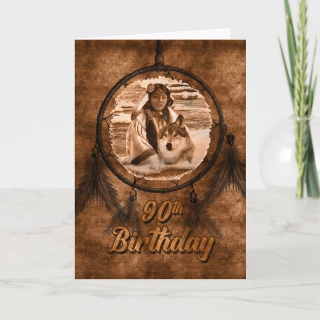 90th Birthday Native American Wolf Dreamcatcher Card (Front)