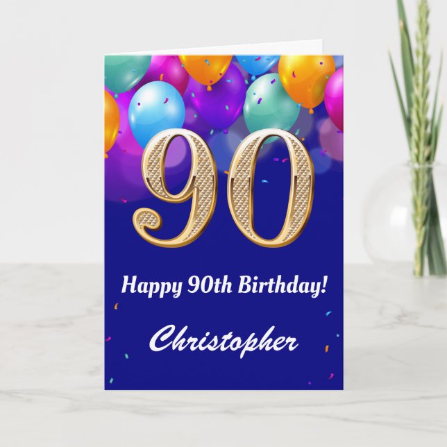 90th Birthday Navy Blue and Gold Colourful Balloon Card (Front)